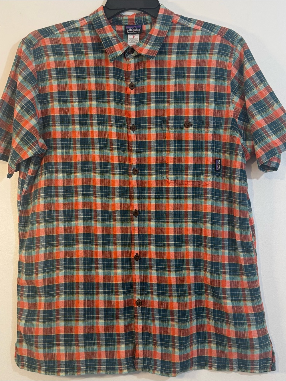 Patagonia Organic Cotton Hemp Plaid Button Front Shirt Mens XL Blue Orange